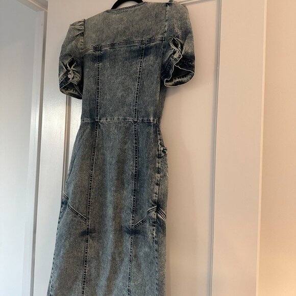 Retrofête Zelda Wrap Dress Distressed Denim In Sienna Puffed Sleeve Front Slit - Picture 9 of 10